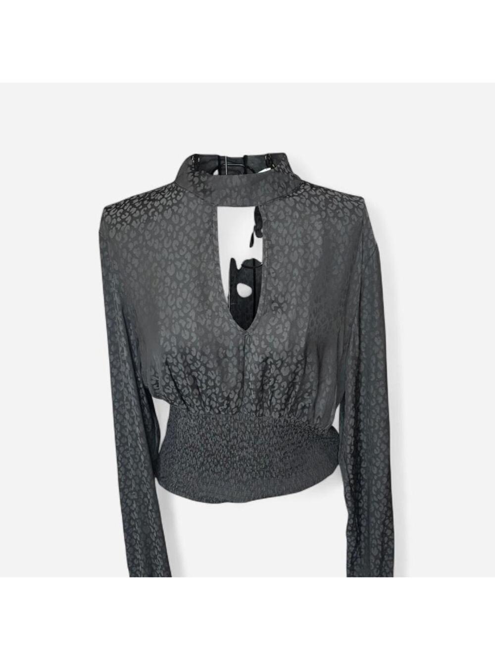 Steve Madden Black Leopard Mock Neck Keyhole Long Sleeve Smocked Blouse M NWT